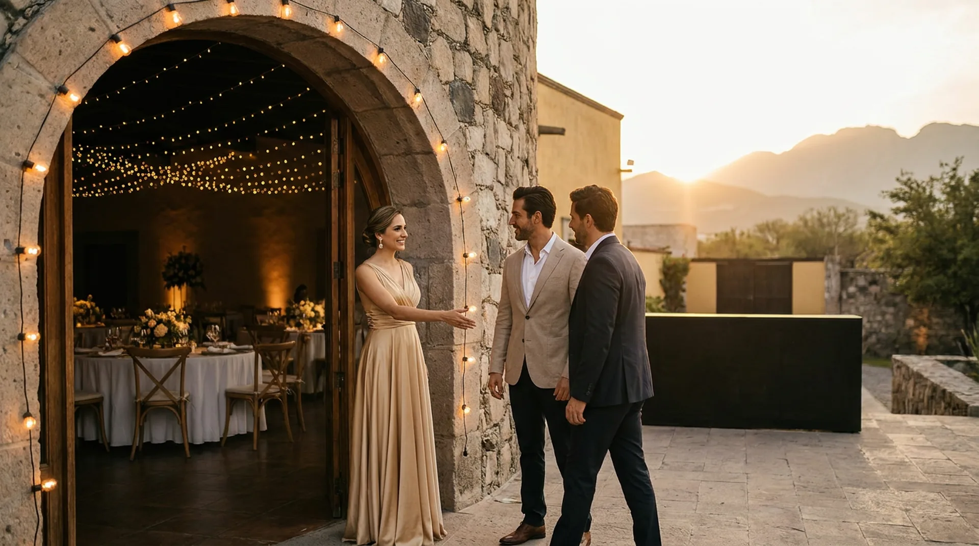 Anfitriona recibe a una familia en la entrada de un salón de eventos en Monterrey al atardecer — la experiencia que The Cover Sense evalúa como cliente incógnito