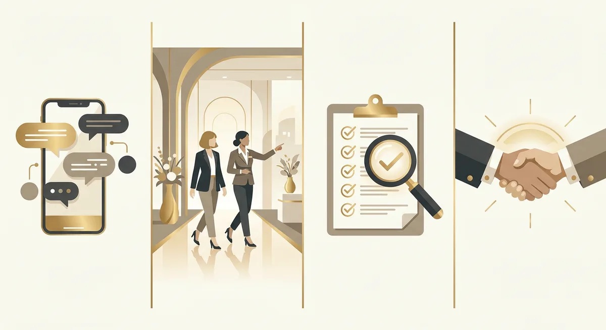 Ilustración del proceso de cliente incógnito en 4 momentos: primer contacto por chat, visita al negocio, informe con evidencias y cierre
